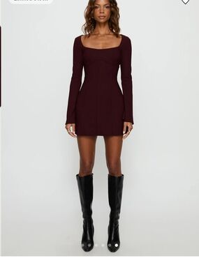 Princess Polly Long-Sleeve Square Neck Mini Dress in wine, size 0